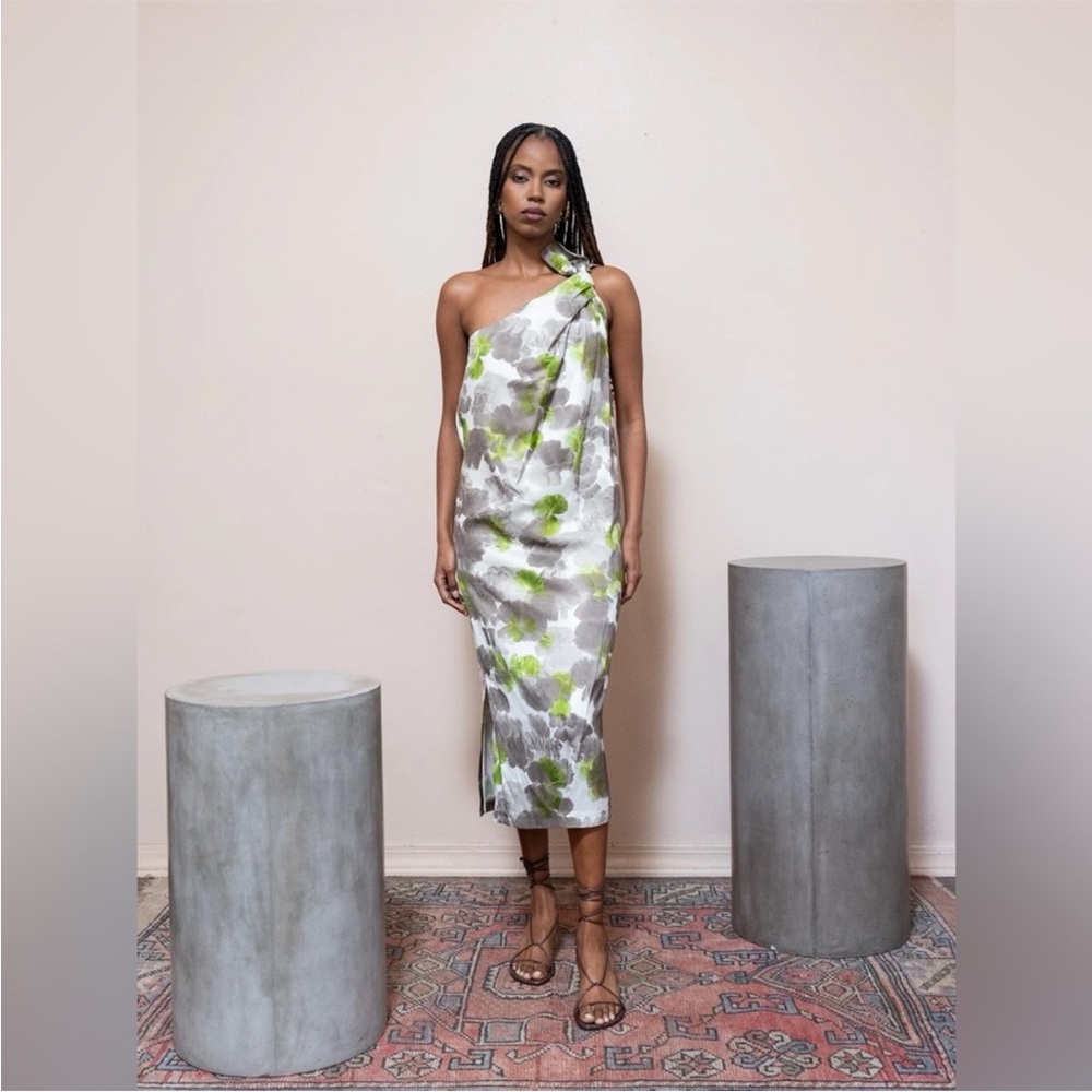 Christian Wijnants Dyata Stone Gray Green Knot One Shoulder Maxi Dress 36 NWT